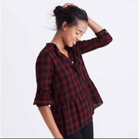 Madewell Tops - Madewell Peplum Checked Cotton Linen Button Down Shirt